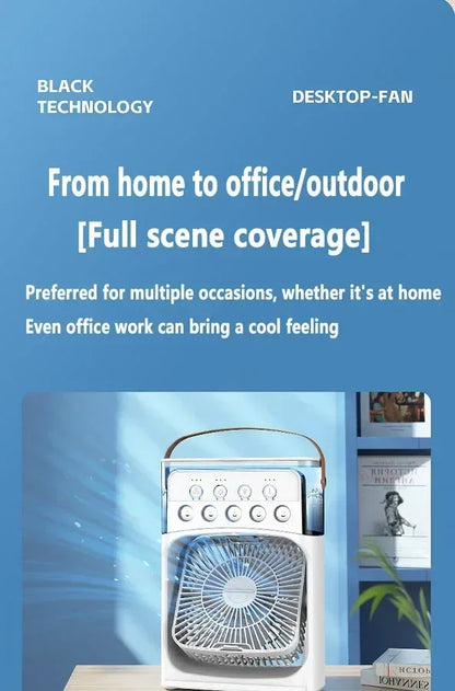 3-in-1 Portable Humidifier Fan | USB Air Cooler with LED Light & Essential Oil Diffuser