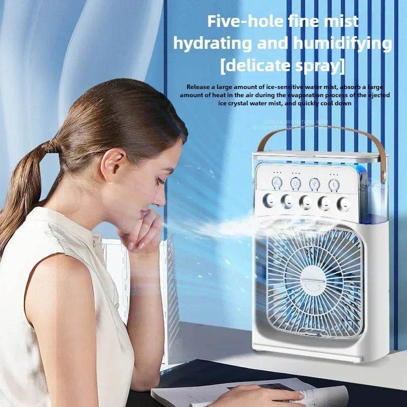 3-in-1 Portable Humidifier Fan | USB Air Cooler with LED Light & Essential Oil Diffuser