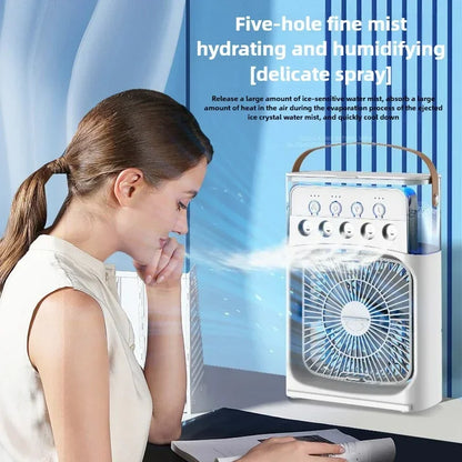 3-in-1 Portable Humidifier Fan | USB Air Cooler with LED Light & Essential Oil Diffuser