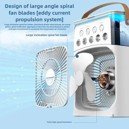 3-in-1 Portable Humidifier Fan | USB Air Cooler with LED Light & Essential Oil Diffuser