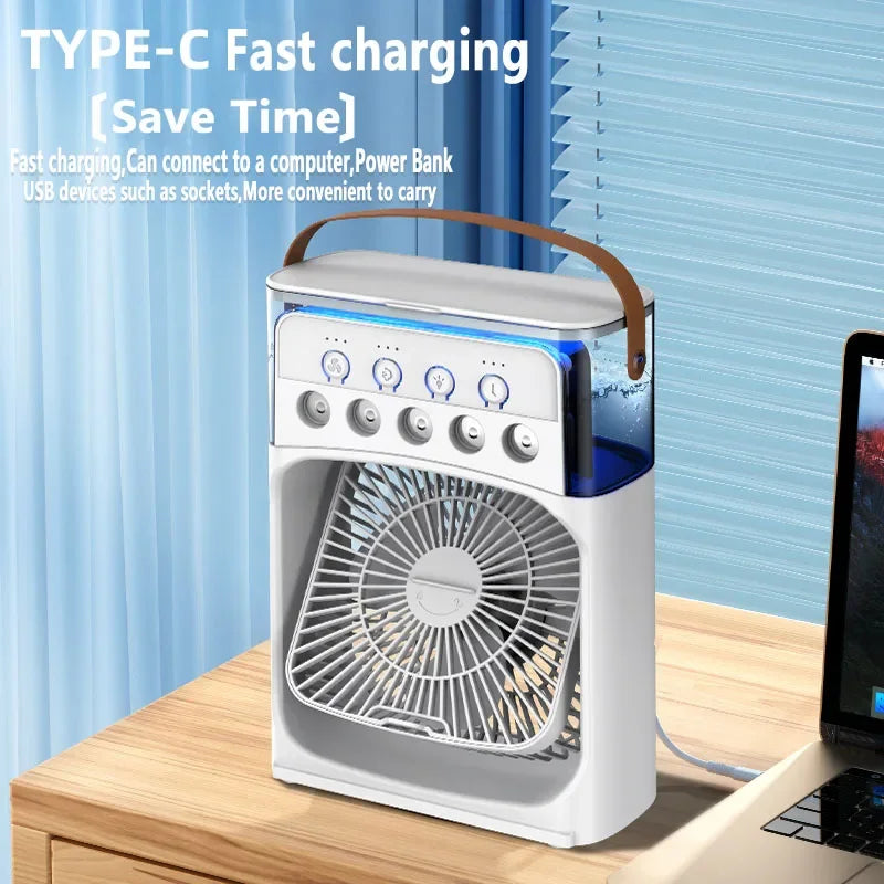 3-in-1 Portable Humidifier Fan | USB Air Cooler with LED Light & Essential Oil Diffuser