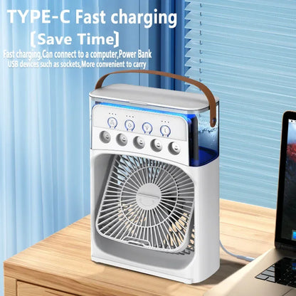 3-in-1 Portable Humidifier Fan | USB Air Cooler with LED Light & Essential Oil Diffuser