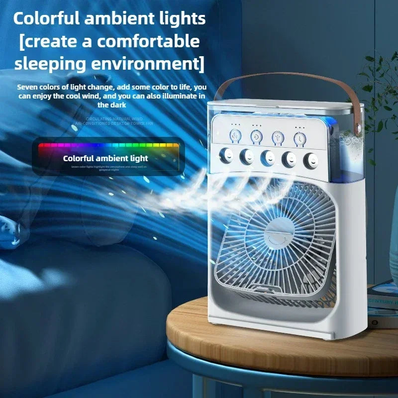 3-in-1 Portable Humidifier Fan | USB Air Cooler with LED Light & Essential Oil Diffuser