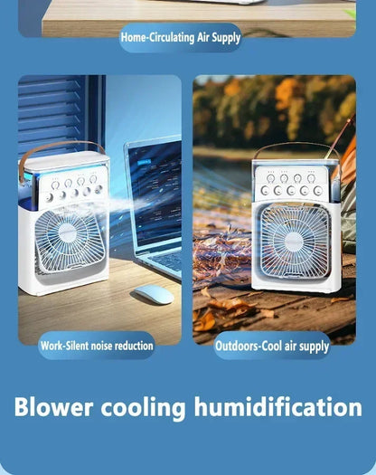 3-in-1 Portable Humidifier Fan | USB Air Cooler with LED Light & Essential Oil Diffuser