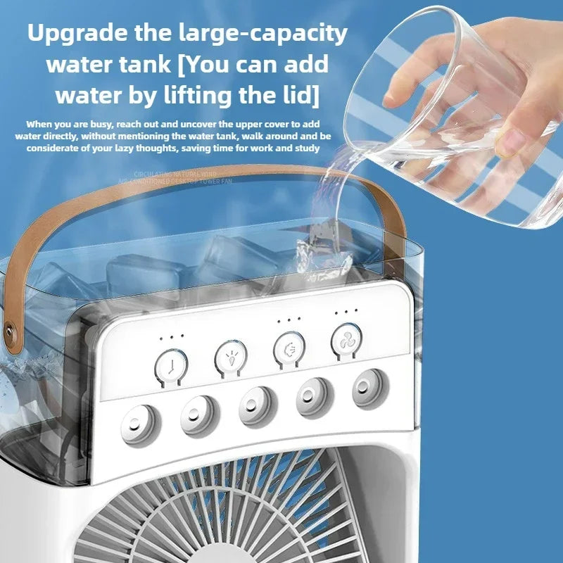 3-in-1 Portable Humidifier Fan | USB Air Cooler with LED Light & Essential Oil Diffuser